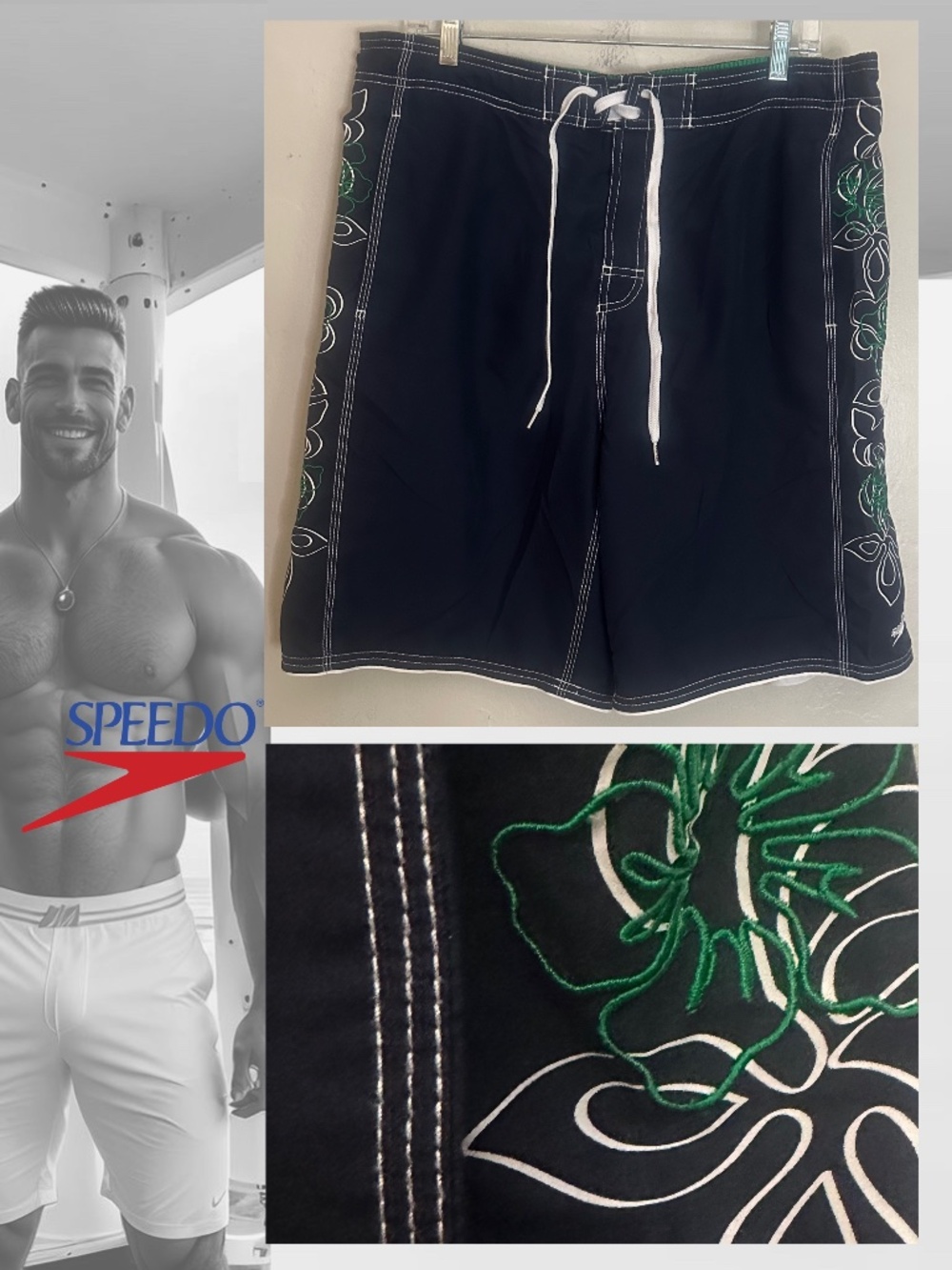 Speedo Embroidered Swim Trunks 36" waist 9.5" inseam Gently worn Nylon blend